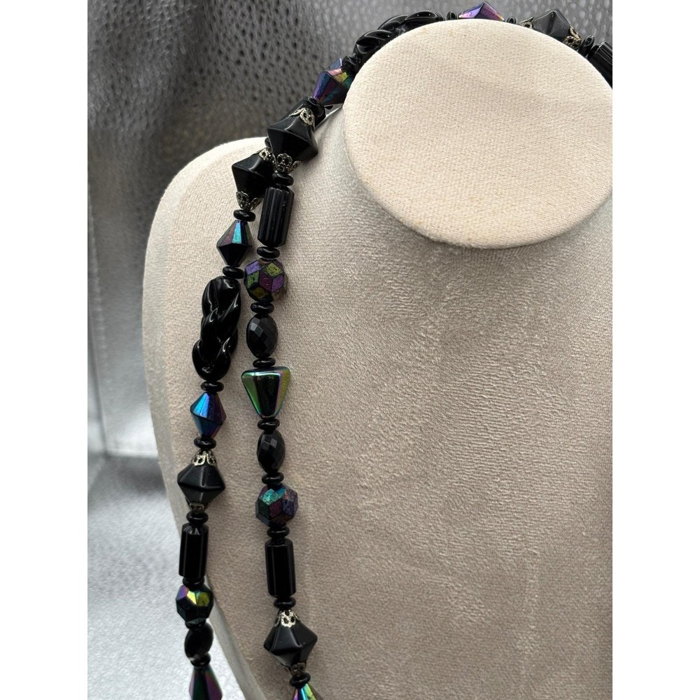 VTG Judy-Lee Signed Black Glass AB Necklace Faceted Crystal Beads Collector - Picture 4 of 12